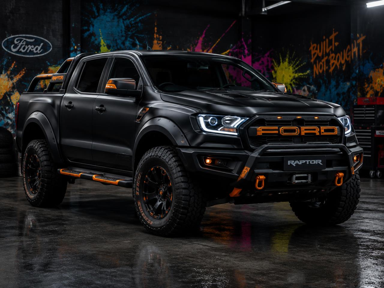 Matte black Ford Ranger with orange accents and bullbar